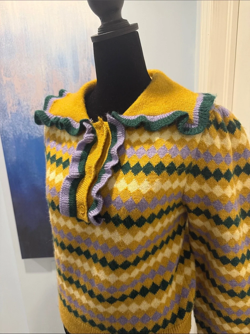 MNG Mustard Yellow Diamond-Pattern Crewneck Sweater with Scalloped Collar - Picture 2 of 5